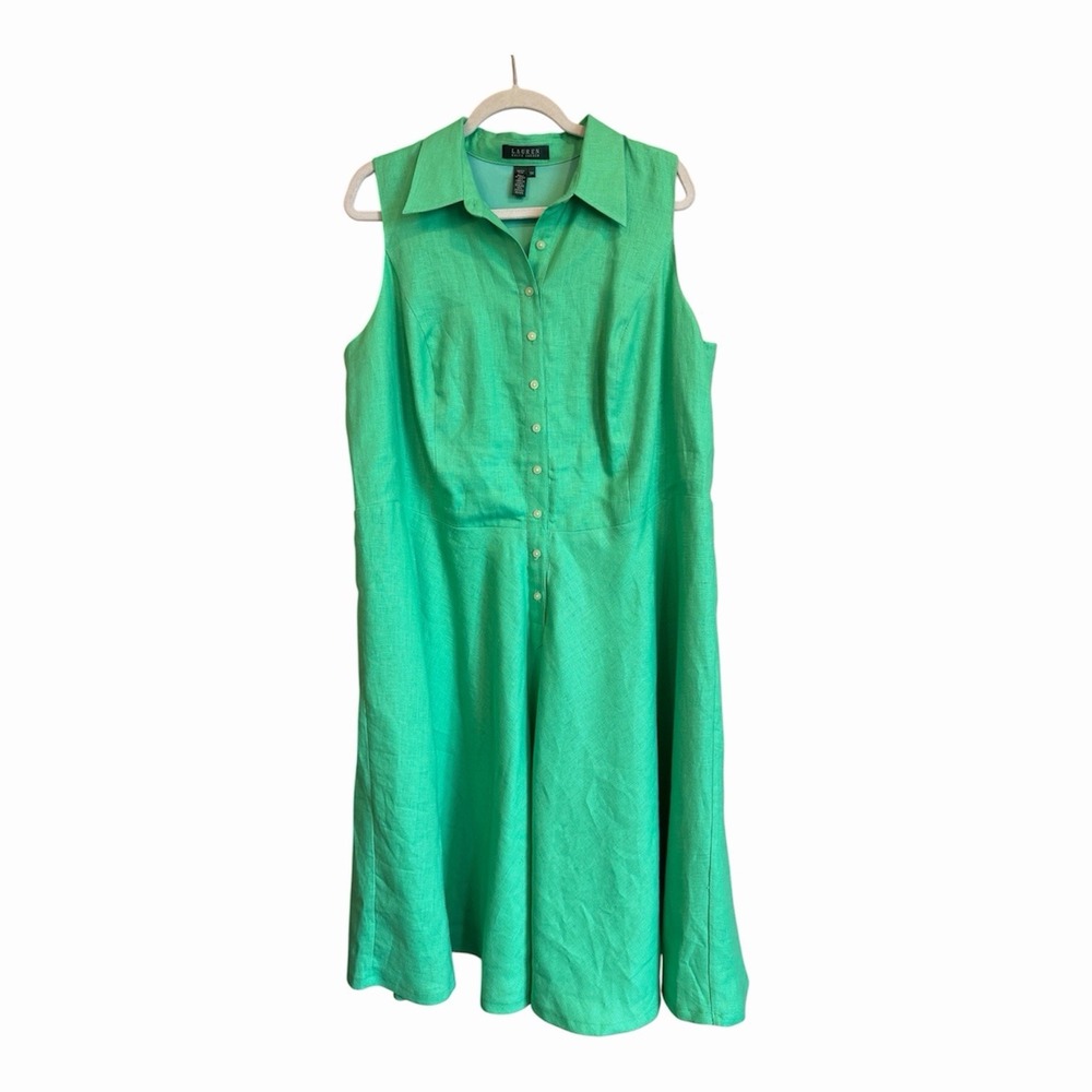 Lauren Ralph Lauren Kelly Green 100% Linen Button Front Midi Dress Size 16